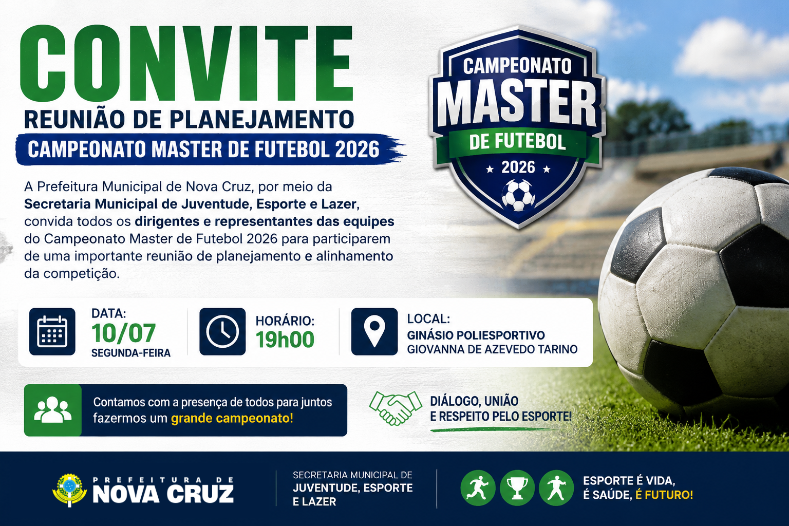 ⚽ Prefeitura de Nova Cruz convida dirigentes para reunião de alinhamento do Campeonato Master de Futebol 2026